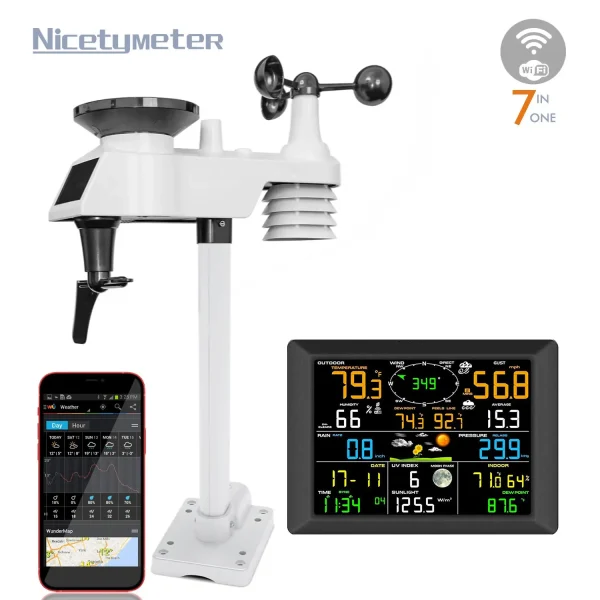 FT0310-019T WiFi Weather Station - 8.3inch Large Color LCD Display Wireless Solar-Assisted Monitor with Indoor/Outdoor Sensors, Real-Time Upload to Wunderground & Weathercloud