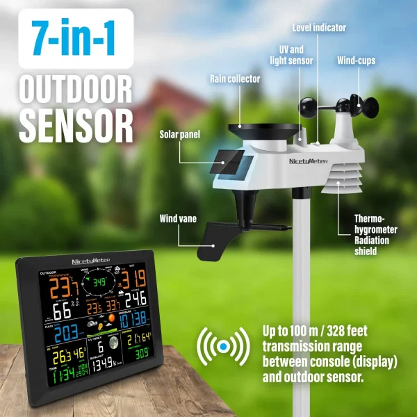 FT0310-019T WiFi Weather Station - 8.3inch Large Color LCD Display Wireless Solar-Assisted Monitor with Indoor/Outdoor Sensors, Real-Time Upload to Wunderground & Weathercloud