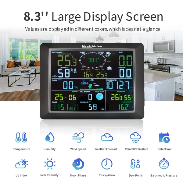 FT0310-019T WiFi Weather Station - 8.3inch Large Color LCD Display Wireless Solar-Assisted Monitor with Indoor/Outdoor Sensors, Real-Time Upload to Wunderground & Weathercloud