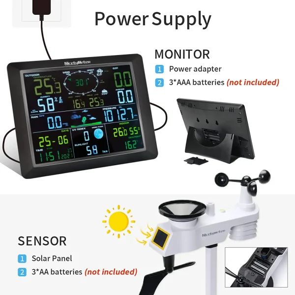 FT0310-019T WiFi Weather Station - 8.3inch Large Color LCD Display Wireless Solar-Assisted Monitor with Indoor/Outdoor Sensors, Real-Time Upload to Wunderground & Weathercloud