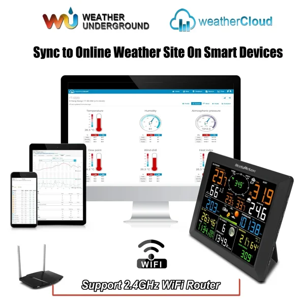 FT0310-019T WiFi Weather Station - 8.3inch Large Color LCD Display Wireless Solar-Assisted Monitor with Indoor/Outdoor Sensors, Real-Time Upload to Wunderground & Weathercloud