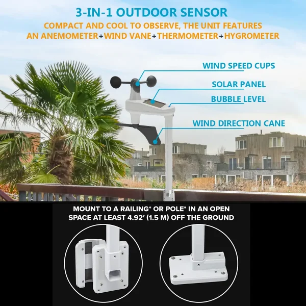 FT0214W WiFi Weather Station Wind Gauge with 2.4G WiFi, Real-time Data Upload to Wunderground & Weathercloud