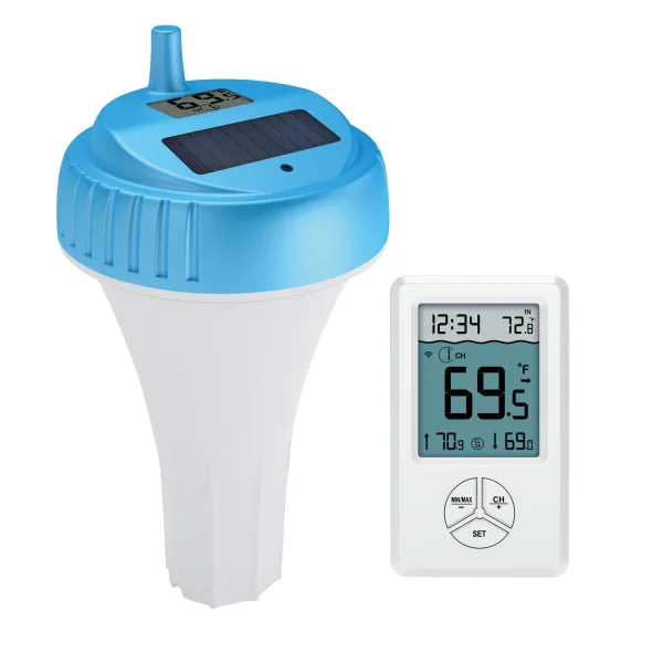 FT041A Solar-Powered Wireless Pool Thermometer - IP68 Waterproof, 8-Sensor Support, Indoor/Outdoor Temperature Monitor with Alarm & Min/Max Records