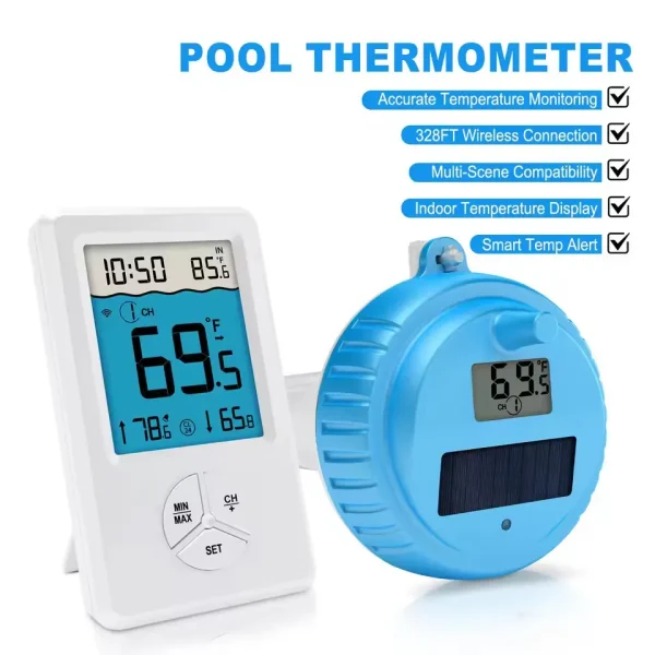 FT041A Solar-Powered Wireless Pool Thermometer - IP68 Waterproof, 8-Sensor Support, Indoor/Outdoor Temperature Monitor with Alarm & Min/Max Records