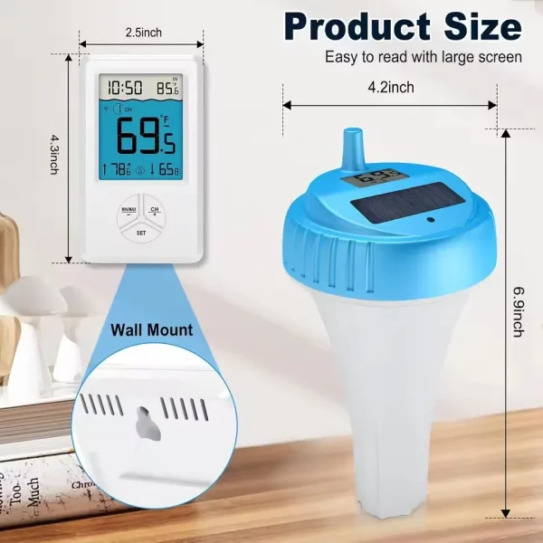 FT041A Solar-Powered Wireless Pool Thermometer - IP68 Waterproof, 8-Sensor Support, Indoor/Outdoor Temperature Monitor with Alarm & Min/Max Records