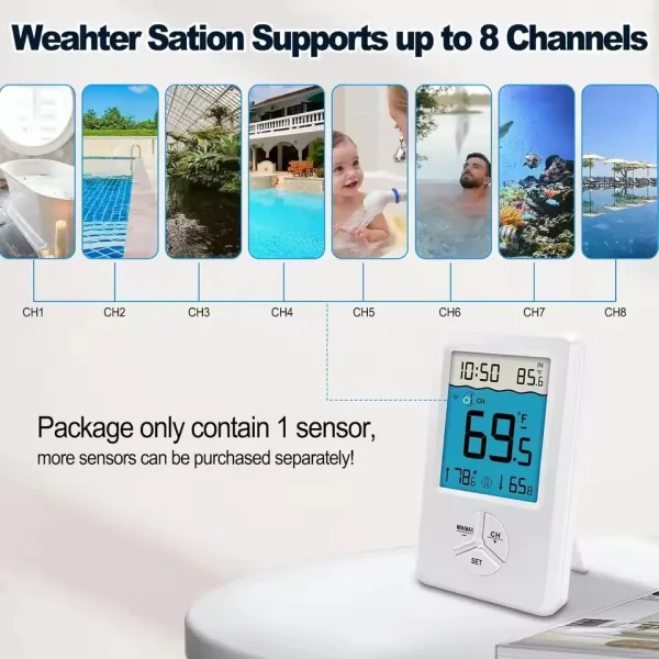 FT041A Solar-Powered Wireless Pool Thermometer - IP68 Waterproof, 8-Sensor Support, Indoor/Outdoor Temperature Monitor with Alarm & Min/Max Records
