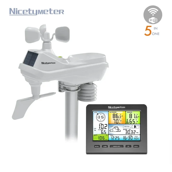 FT036A Wifi Weather Station - Color LCD Solar-Powered Wireless Weather Monitor with 4-Level Backlight | Indoor/Outdoor Temp, Humidity, Wind, Rain & Pressure | Real-Time Upload to Wunderground & Weathercloud