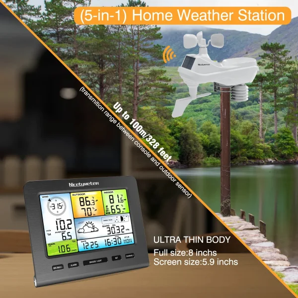 FT036A Wifi Weather Station - Color LCD Solar-Powered Wireless Weather Monitor with 4-Level Backlight | Indoor/Outdoor Temp, Humidity, Wind, Rain & Pressure | Real-Time Upload to Wunderground & Weathercloud