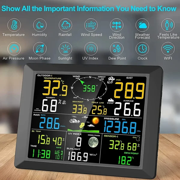 WiFi Weather Station FT0320-025T-02 FT0320-025T WiFi Weather Station - Wireless Indoor Outdoor Thermometer Hygrometer with Wind Speed, Rain Gauge, UV & Sunlight Monitor, Weather Forecast, Data Upload to Wunderground, Support up to 8 T/H Sensors
