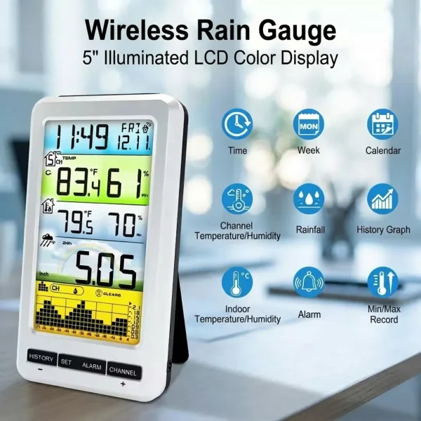 Wireless Rain Gauge Weather Station with Thermometer, Hygrometer, Barometer & Alarm-2 FT0207 Wireless Weather Station Rain Gauge — Independent Station Optimized Copy