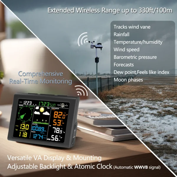 ft-0860-weather-station-4 FT0860 Professional Wireless Weather Station, 5-in-1 Indoor Outdoor Monitor with Wind Direction/Speed, Rainfall, Barometric Pressure, Humidity & Temperature, Solar Assisted Power, No Wi-Fi Needed