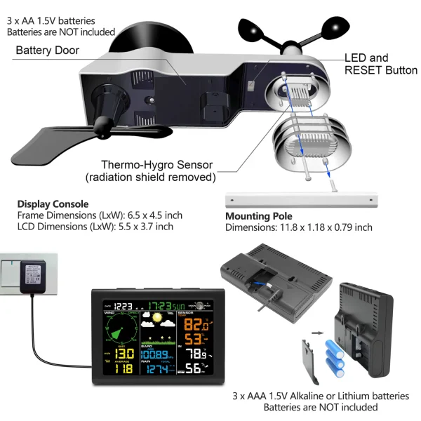 ft-0860-weather-station-6 FT0860 Professional Wireless Weather Station, 5-in-1 Indoor Outdoor Monitor with Wind Direction/Speed, Rainfall, Barometric Pressure, Humidity & Temperature, Solar Assisted Power, No Wi-Fi Needed