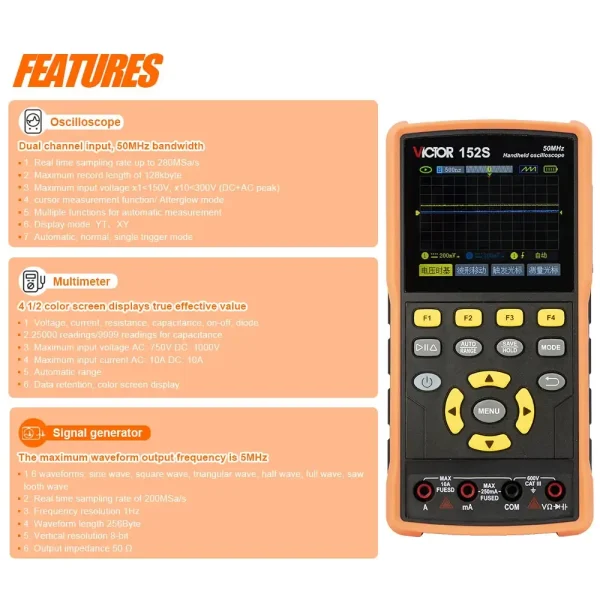 Victor 3-in-1 Oscilloscope – 50MHz Dual Channel, 280MSa/s, With Signal Generator & True RMS Multimeter 152S