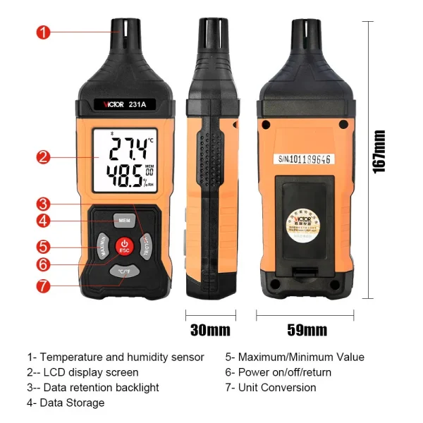 231 4_W Victor Handheld Thermo-Hygrometer – Large Screen, Alarm Settings, MAX/MIN & Data Hold for HVAC & Environmental Monitoring 231 231A