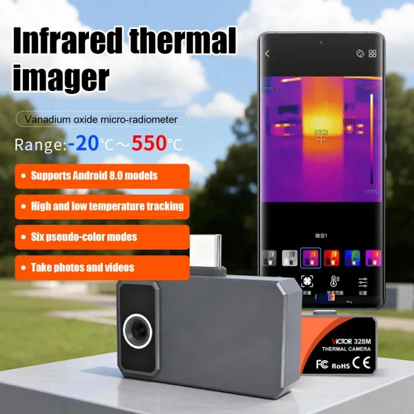 328M 3@_updated Mobile Telephone Infrared Thermal Imager: 96×96 VOx Micro-Radiometer, -20°C ~ 550°C Range, Manual Focus, 25Hz High Frame Rate, Six Pseudo-Color Modes, Plug-and-Play for Android 8.0+ 328M