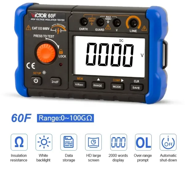 2026 New  Insulation Resistance Tester: 100-Group Data Storage, PI/DAR Measurement, Auto Discharge, Up to 100GΩ Range, CAT III 600V 60F/ 60G/ 60H