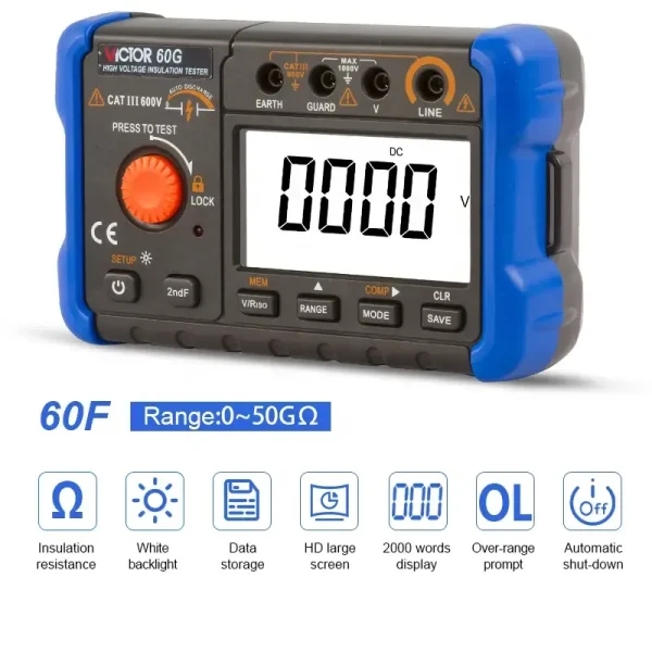 2026 New  Insulation Resistance Tester: 100-Group Data Storage, PI/DAR Measurement, Auto Discharge, Up to 100GΩ Range, CAT III 600V 60F/ 60G/ 60H