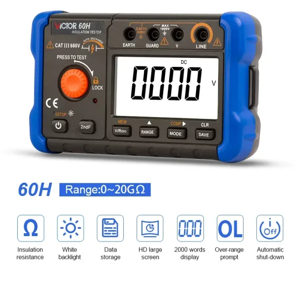 2026 New  Insulation Resistance Tester: 100-Group Data Storage, PI/DAR Measurement, Auto Discharge, Up to 100GΩ Range, CAT III 600V 60F/ 60G/ 60H