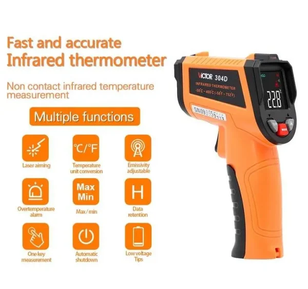 Victor Non-Contact Infrared Thermometer – -50°C to 900°C, Adjustable Emissivity, HD Color Screen & Laser Aiming 304D 304E 304F