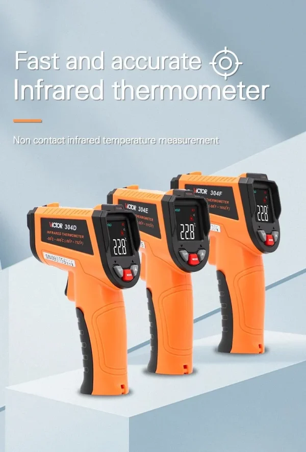 Victor Non-Contact Infrared Thermometer – -50°C to 900°C, Adjustable Emissivity, HD Color Screen & Laser Aiming 304D 304E 304F