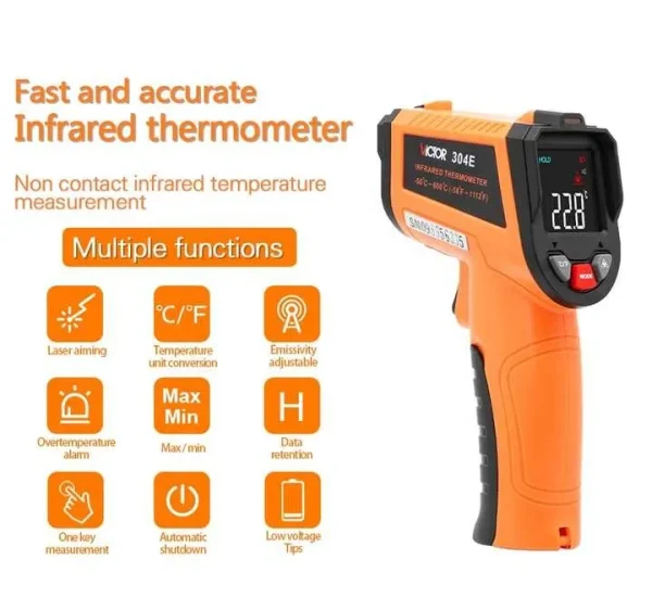Victor Non-Contact Infrared Thermometer – -50°C to 900°C, Adjustable Emissivity, HD Color Screen & Laser Aiming 304D 304E 304F