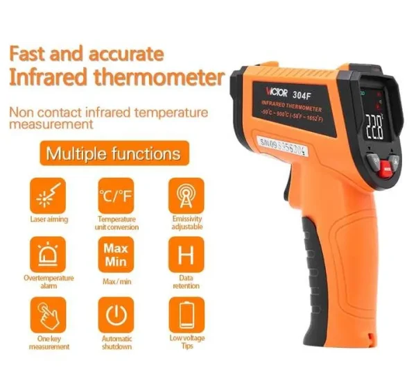 Victor Non-Contact Infrared Thermometer – -50°C to 900°C, Adjustable Emissivity, HD Color Screen & Laser Aiming 304D 304E 304F