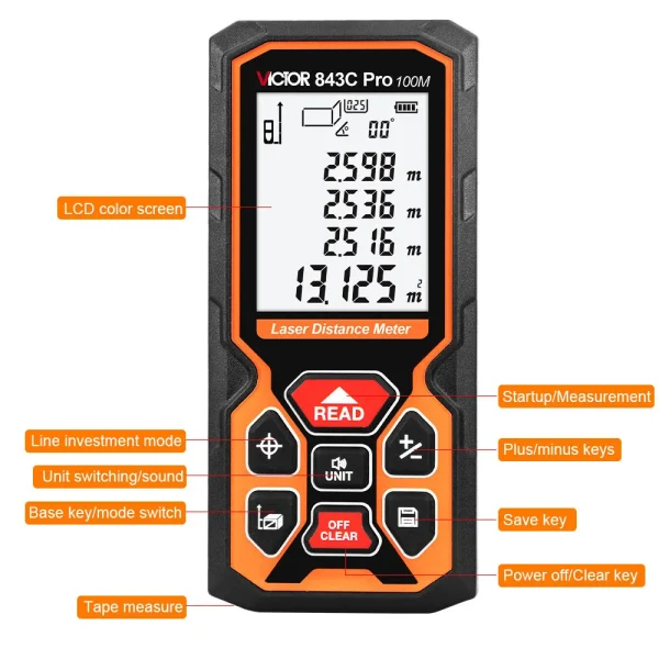 843 2_W Victor Pro 3 in 1 Laser Distance Meter – 100m Range, Incline Sensor, 2m Tape Measure & 5m Line Projection with Voice Broadcast 843A 843B 843C Pro
