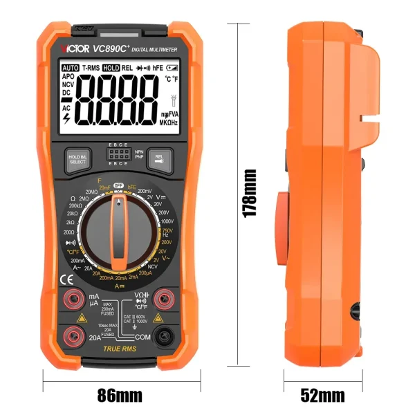 Victor Digital Multimeter VC890C+ – True RMS Professional Multimeter with NCV, Temperature , Capacitance up to 20mF, and Dual Display for AC/DC Voltage, Current, Resistance, Diode & Transistor Testing 890C+ 890D