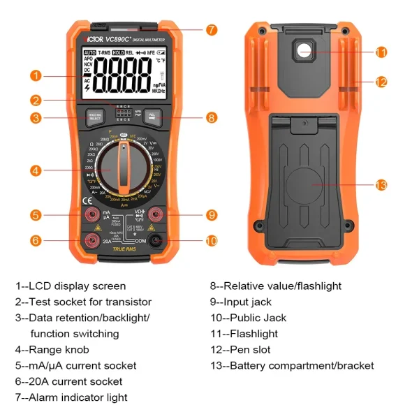 Victor Digital Multimeter VC890C+ – True RMS Professional Multimeter with NCV, Temperature , Capacitance up to 20mF, and Dual Display for AC/DC Voltage, Current, Resistance, Diode & Transistor Testing 890C+ 890D