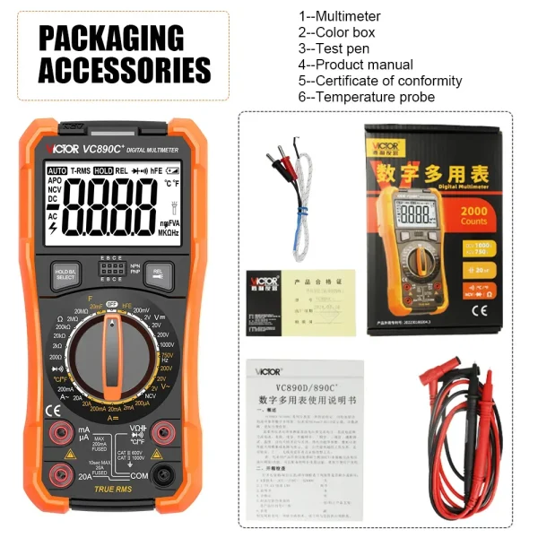 Victor Digital Multimeter VC890C+ – True RMS Professional Multimeter with NCV, Temperature , Capacitance up to 20mF, and Dual Display for AC/DC Voltage, Current, Resistance, Diode & Transistor Testing 890C+ 890D