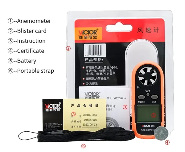 Anemometer 816 8_W Victor Mini Anemometer– Pocket-Sized Wind Speed, Temperature & Beaufort Level Meter with Backlit Display 816
